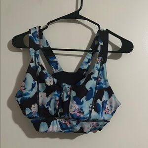 Floral Sports Bra Black/Blue Athletic Wear Gym Clothes Size Large
